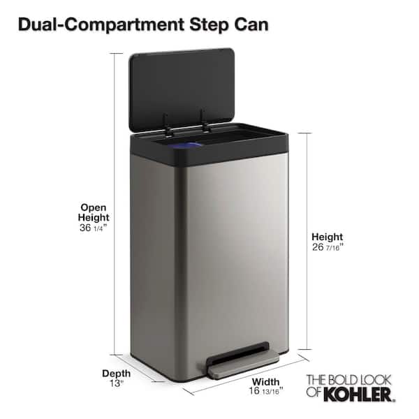 Kohler 13-Gallon Stainless Steel Slim Step Trash Can With Bifold
