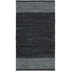 Vintage Leather Black/Gray Doormat 2 ft. x 4 ft. Solid Area Rug