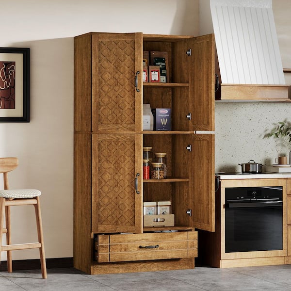 Keenyah Brown Engineered Wood 31.5 in. Pantry Cabinet with Drawer and Storage Shelves