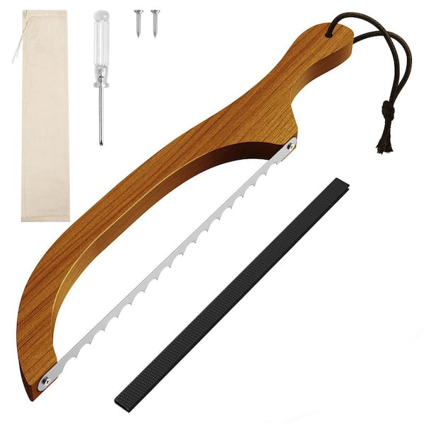 10.8 in. Partial Tang Metal Blade Bow Bread Knife with Walnut Handle for Sourdough, Bagels, Baguettes