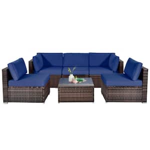 6-Piece Wicker Patio Conversation Set Outdoor Rattan Sofa Set with Navy Cushions for Garden
