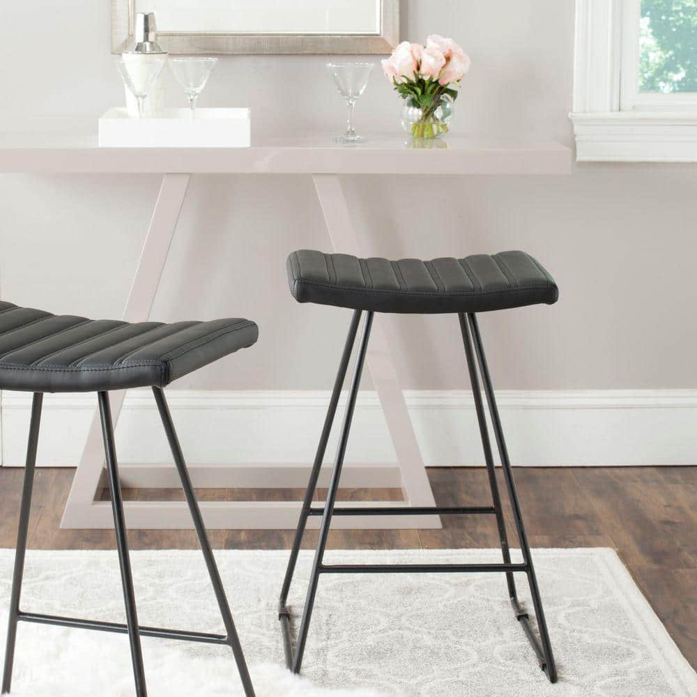 Akito Black Faux Leather and Metal Backless Counter Stools, Set of 2