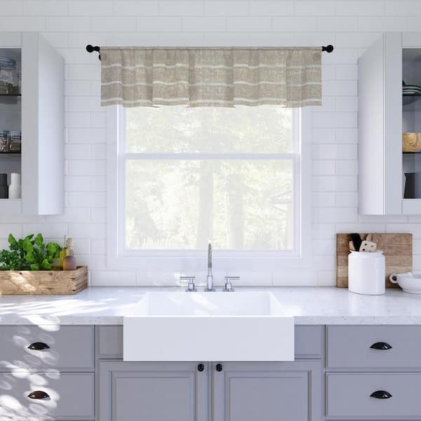 CLEAN WINDOW Aso Twill Stripe Linen Blend 52 in. W x 14 in. L Sheer Rod Pocket Kitchen Curtain Valance in White/Linen