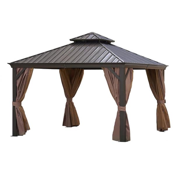 Boosicavelly 12 ft. x 12 ft. Bronze Aluminum Outdoor Hardtop Patio Gazebo with Steel Canopy, Netting and Curtains