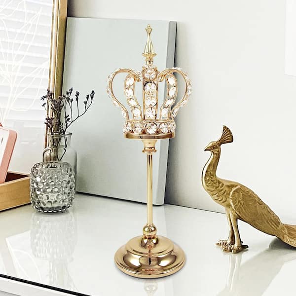 LIVING LUXURY Gold Table Decor Decorative Crown Crystal Bead Metal Accent Piece with Straight Stand 15 in.