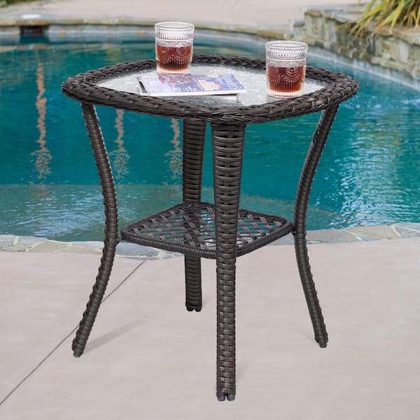 JOYSIDE 3-Piece Brown Wicker Outdoor Swivel Rocking Chair