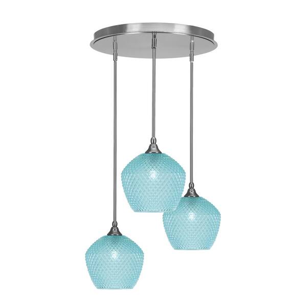 Unbranded Villa 20.25 in. 3-Light Brushed Nickel Cluster Pendant Light with 9 in. Turquiose Textured Glass Shade No Bulbs Included
