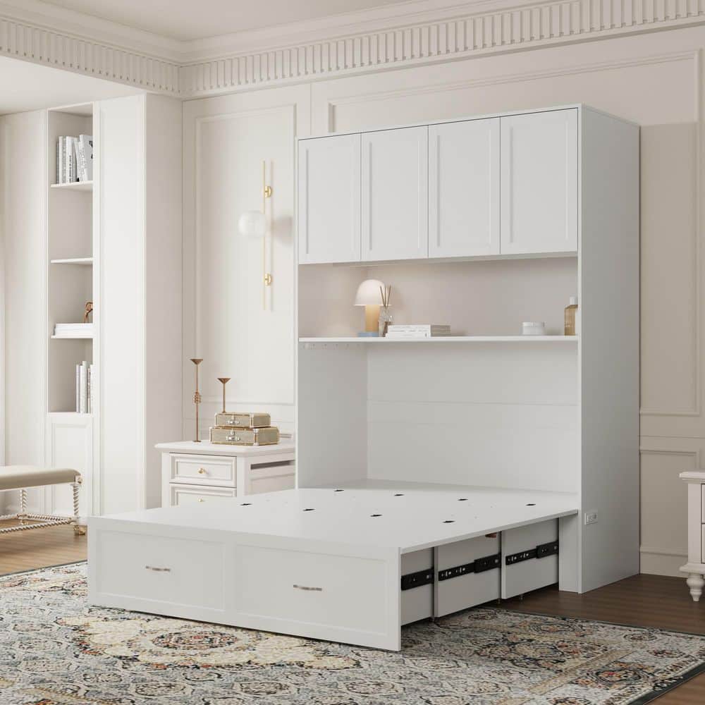 White Wood Frame Full Size Platform Bed, Murphy Bed with 3-Large Storage Shelves, Bed and Bookcase 2 in 1