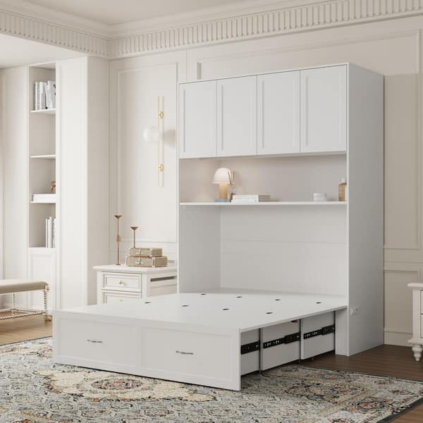 White Wood Frame Full Size Platform Bed, Murphy Bed with 3-Large Storage Shelves, Bed and Bookcase 2 in 1