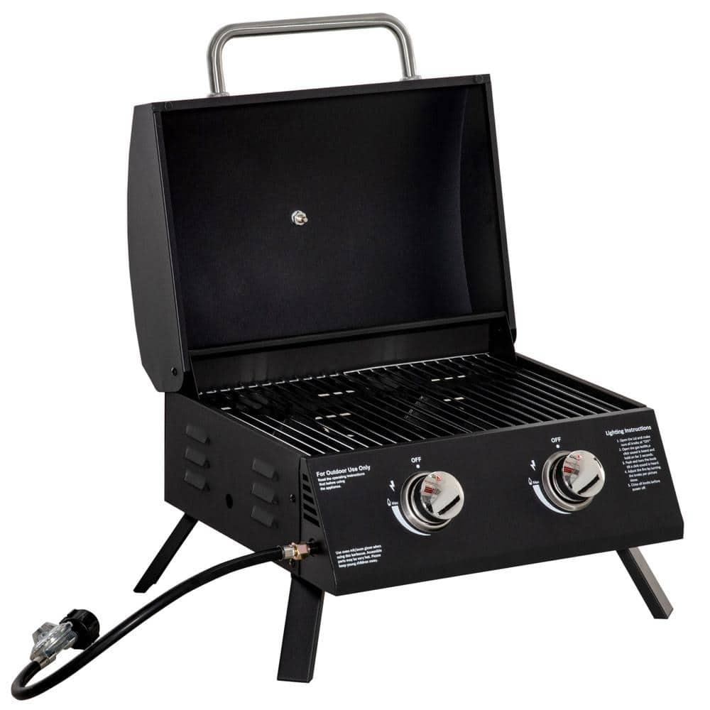 Portable Propane Gas Grill in Black with Foldable Legs, Lid and Thermometer for Outdoor Camping and Picnic