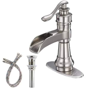 Single-Handle Low-Arc Single Hole Waterfall Bathroom Faucet with with Pop-up Drain Assembly in Brushed Nickel