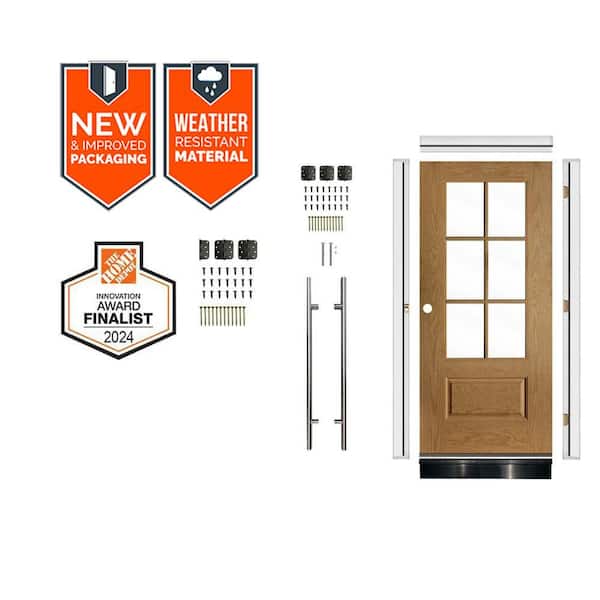  DIY Faux Pivot 36 x 79 in. 6-Lite Right-Hand Clear Glass Bourbon Stain Fiberglass Front Door Kit w/ Quick Assemble Jamb