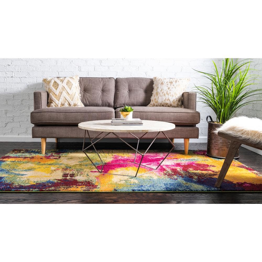 Light Blue Abstract Easy-Care Rectangular Synthetic Rug