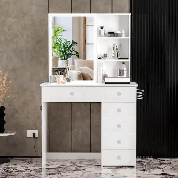 BOAHAUS Flora White Finish, 6-Drawers 28 in. W Sturdy Frame Dresser with Mirror and LED Lights