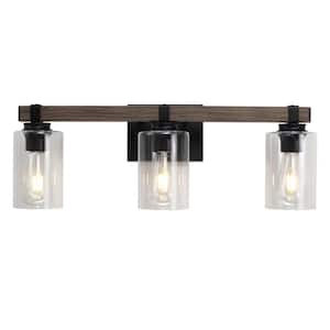 24.8 in. 3-Light Black and Wood Grain Vanity Light with Clear Glass Shade