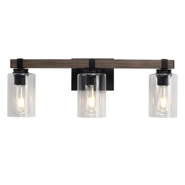 LWYTJO 24.8 in. 3-Light Black and Wood Grain Vanity Light with Clear Glass Shade