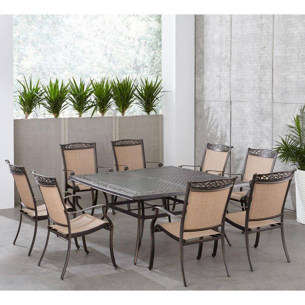 Fontana 9-Piece Bronze Outdoor Dining Set with Cast-Top Table