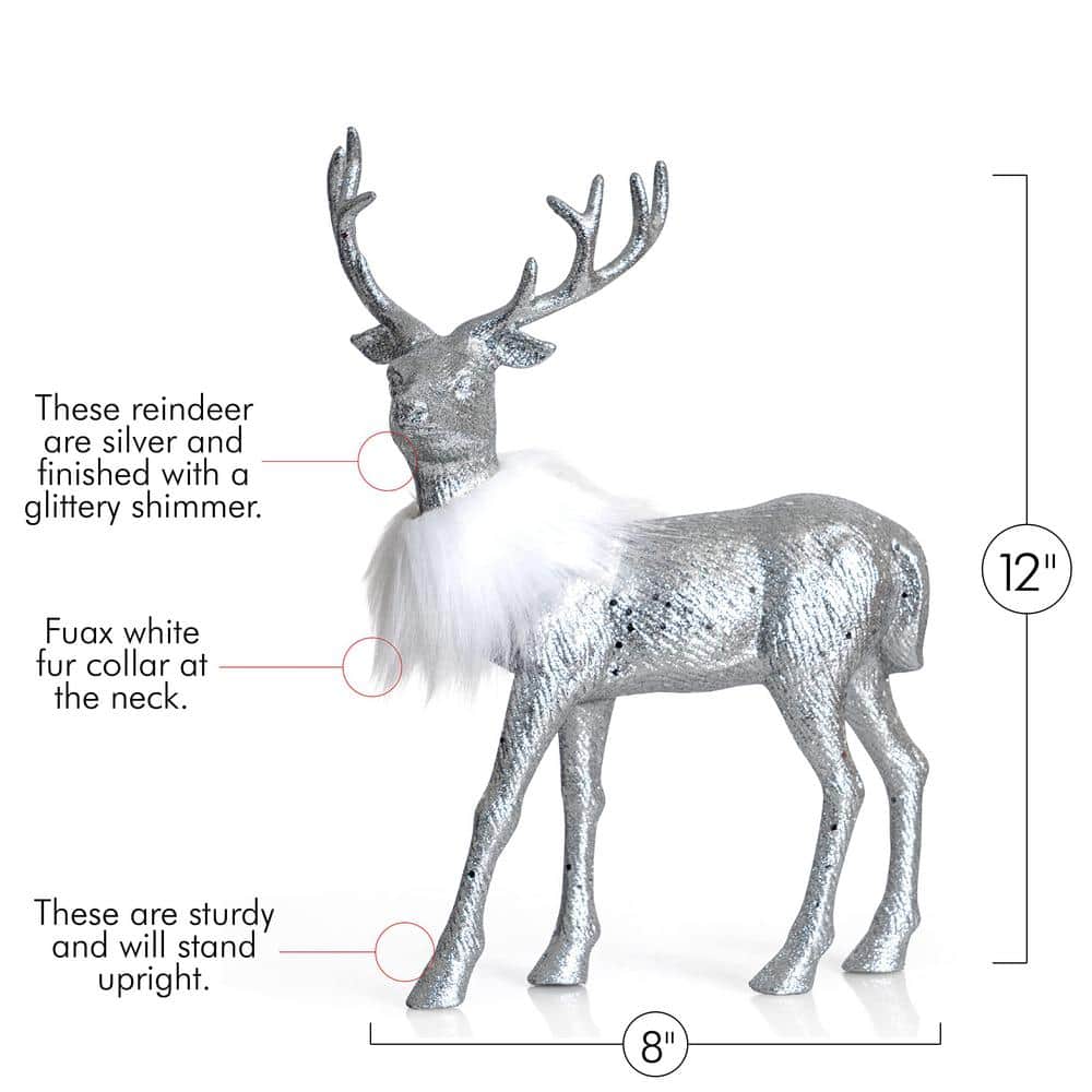 Silver Glitter Winter Reindeer Figurines with Faux Fur