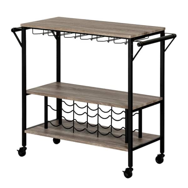 South Shore Munich Weathered Oak and Matte Black Bar Cart with Wine Rack