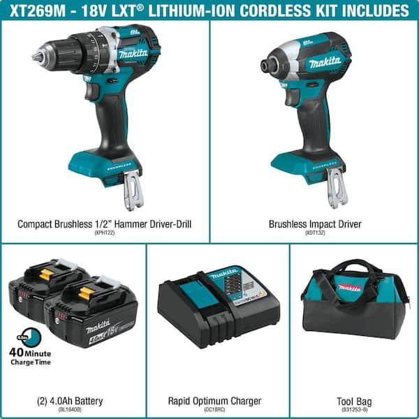 18V LXT Lithium-Ion Brushless Cordless Hammer Drill and Impact Driver Combo Kit (2-Tool) w/ (2) 4Ah Batteries, Bag