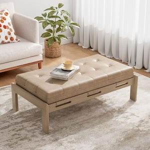 Arlo Upholstered PU Leather Rectangular Ottoman, Tufted, Rubberwood Base, Taupe Brown Plus Light Ash