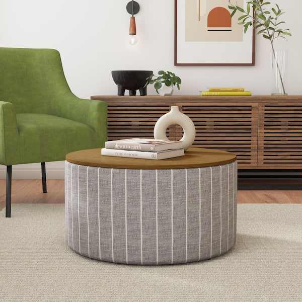Homepop Gray Pinstripe Fabric Ottoman with Storage and Wood Top