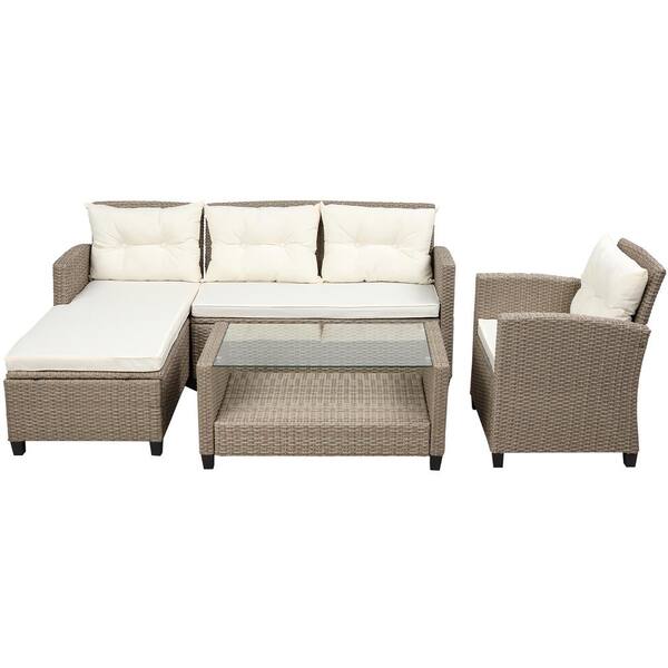 HOMEFUN 4-Piece Brown PE Rattan Wicker Patio Conversation Set with Beige Cushions and Coffee Table