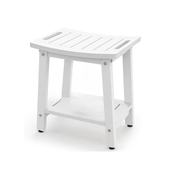 16 in. W Adjustable Feet Waterproof HDPE Shower Stool in White with Storage Shelf for Spa Bathroom