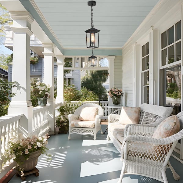 Matte Black Modern 1-Light Lantern Outdoor Hanging Geometric Hanging Pendant Light with Clear Glass Shade for Patio