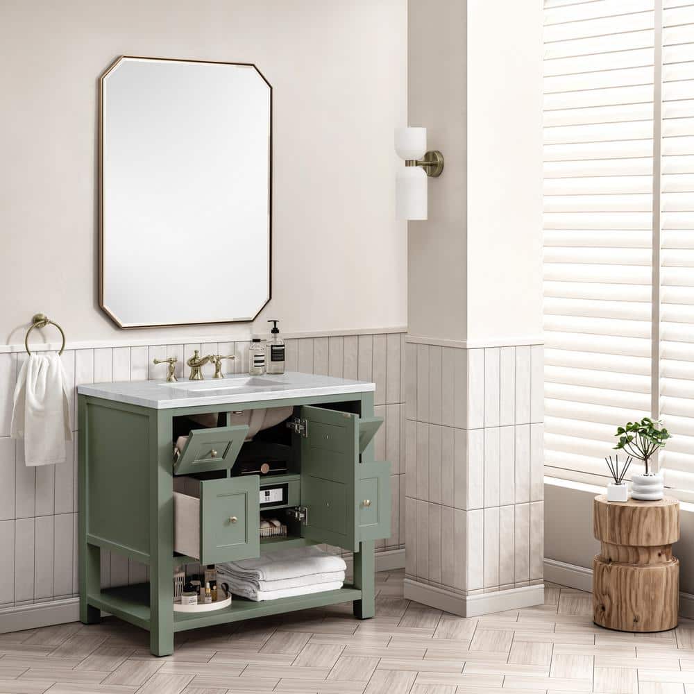 Smokey Celadon Green Solid Wood Single Vanity Base with Brass Knobs
