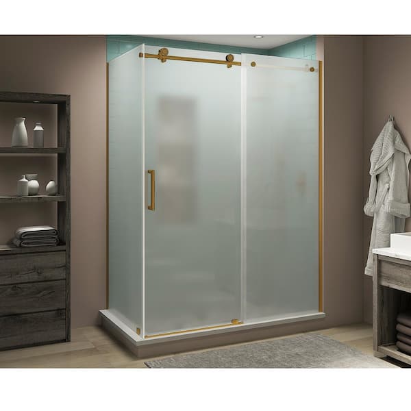 Aston Coraline XL 52 in. - 56 in. x 34 in. x 80 in. Frameless Corner Sliding Shower Enclosure Frosted Glass in Brushed Gold