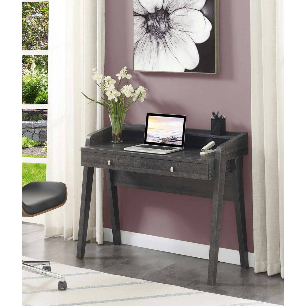 Modern Weathered Gray 42" Desk with Dual Drawers and Cable Management