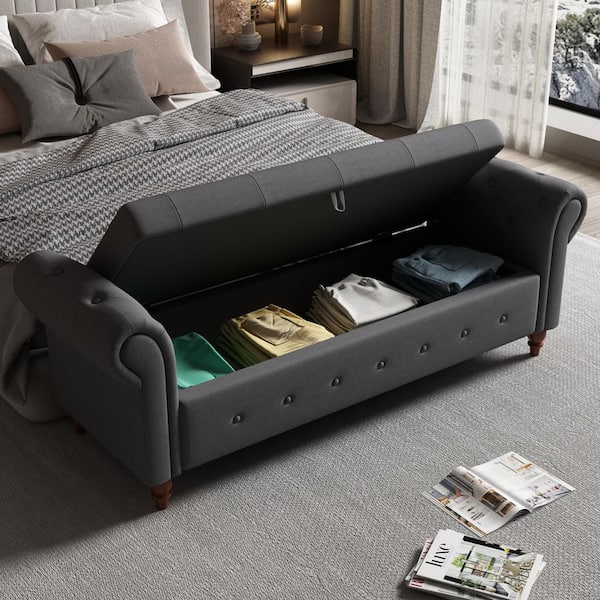 63 in. Dark Gray No-Tool Assembly Tufted End of Bed Bench with Storage, 500 lbs. Capacity