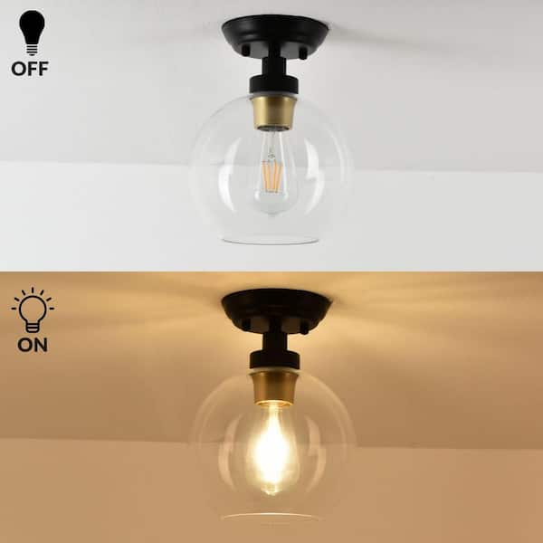 Essel 7.87 in. 1-Light Black Brass Semi-Flush Mount Ceiling Light with Globe Clear Glass Shade and No Bulbs Included