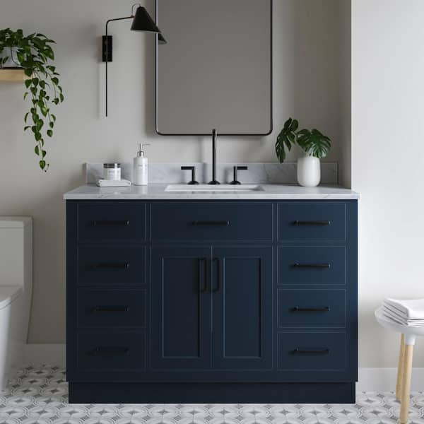 Hepburn 48 in. Single Sink Freestanding Bathroom Vanity in Midnight Blue with 0.75 in. Carrara White Marble Top