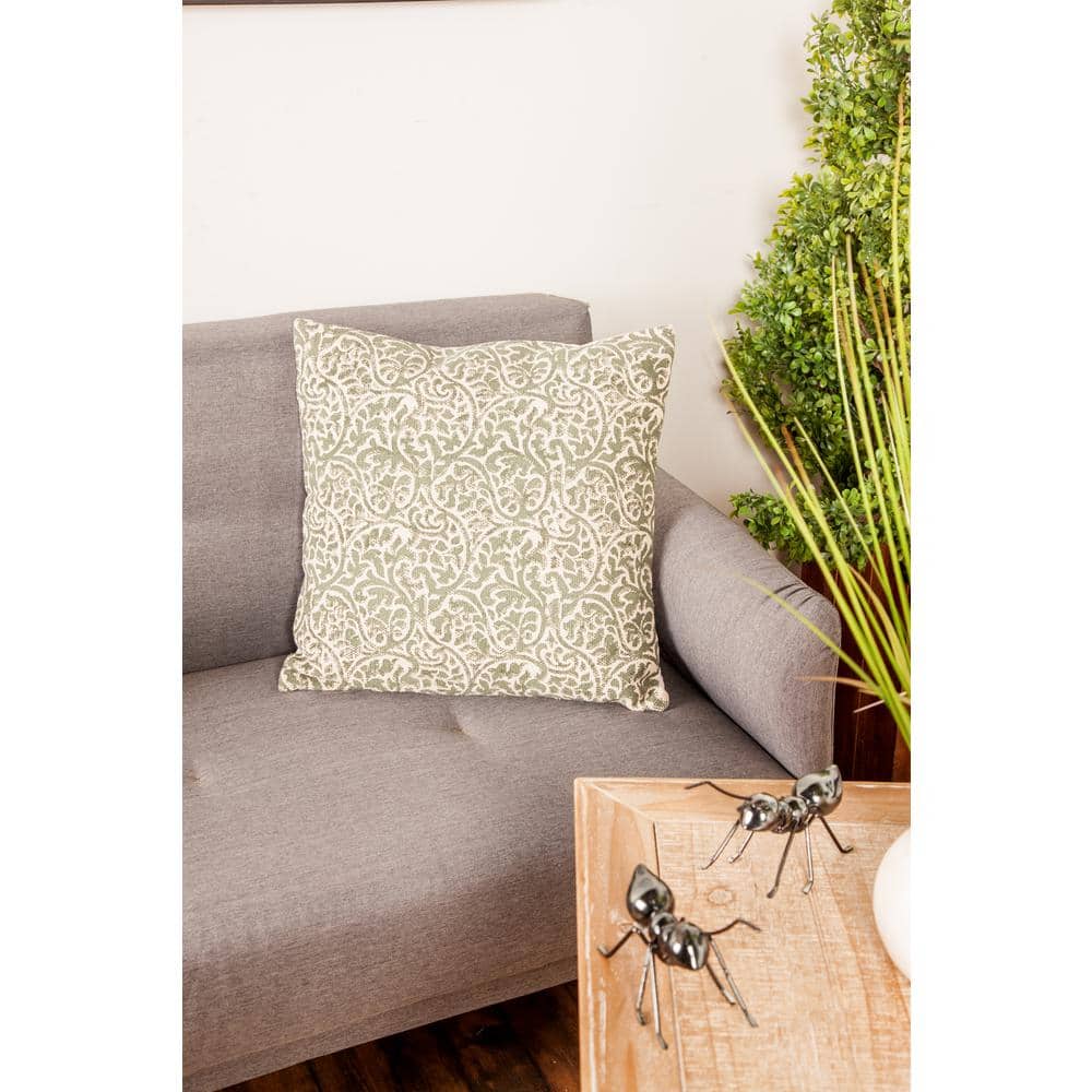 DecMode Square Throw Pillow with Sage Green Damask Pattern  20” x 20”