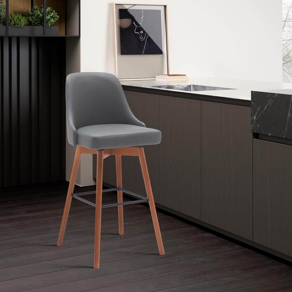 Gray Faux Leather Swivel Counter Stool with Walnut Wood Legs