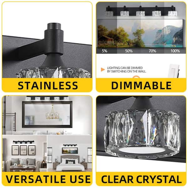 36 in. 5-Light Matte Black LED Vanity Light Fixture with Crystal Glass Shades, Modern Bathroom Wall Sconce, Home Decor