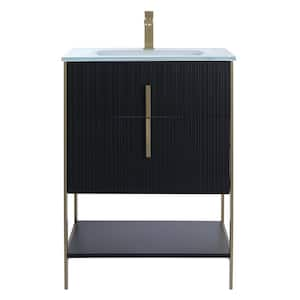 24 in. W x 18 in. D x 33.5 in. H Bath Vanity in Black Matte with White Glass Single Hole Top with Satin Brass Hardware