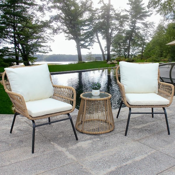 SUNRINX 3-Piece Wicker Outdoor Bistro Conversation Chair Set with Beige Cushion