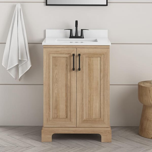 Sinita 24 in. Single Sink Weathered Tan Bath Vanity with White Engineered Stone Top (Assembled)