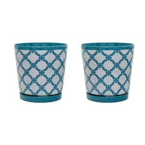 8.75 in. Dia Blue Lattice Pattern Melamine Pot with In-Line Saucer (2-Pack)