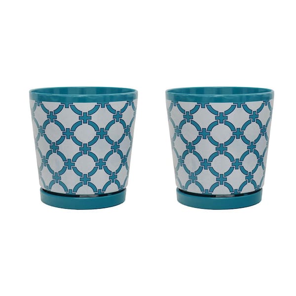 MPG 8.75 in. Dia Blue Lattice Pattern Melamine Pot with In-Line Saucer (2-Pack)