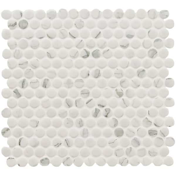 Photo 1 of 1 Sheet---Penny Round Carrara White 11.3 in. x 12.2 in. Matte Porcelain Mesh-Mounted Mosaic Tile (0.96 sq. ft./Each)