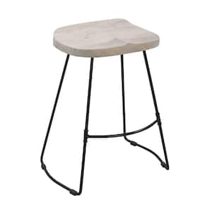 Tiva 38 in. Whitewashed and Black Backless Metal Frame Handcrafted Counter Height Stool with Wooden Seat