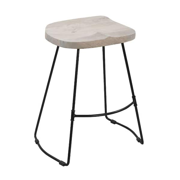 THE URBAN PORT Tiva 38 in. Whitewashed and Black Backless Metal Frame Handcrafted Counter Height Stool with Wooden Seat
