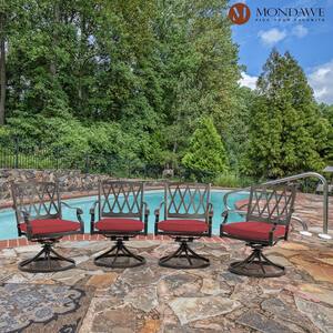 Cast Aluminum Outdoor Dining Chair Direct-Net Backrest 360 Degrees Swivel Chairs with Red Cushions (Set of 4)