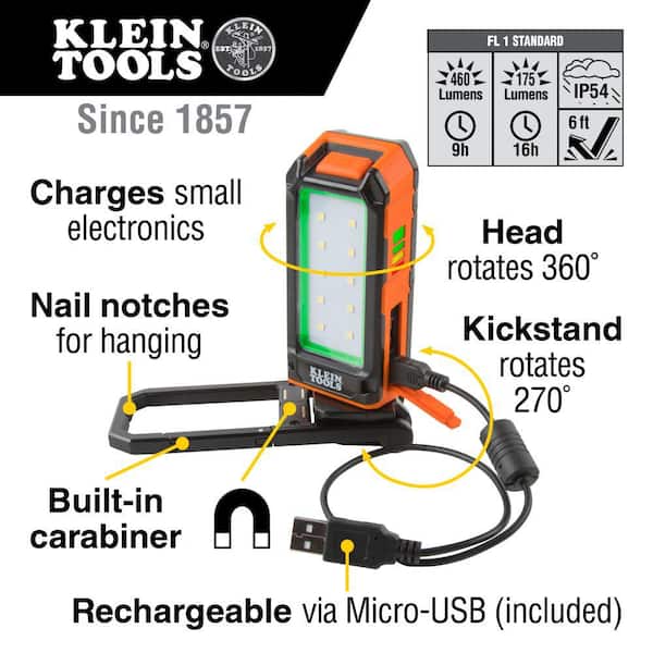 Klein Tools Rechargeable LED Flashlight with Worklight, 500 Lumens, 5 Modes  56412 - The Home Depot