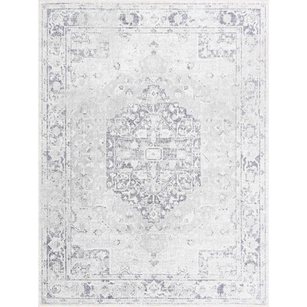 Gray Medallion Washable Polyester Rectangular Area Rug 7'10" x 10'