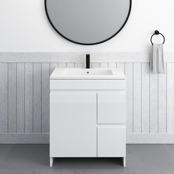 VOLPA USA AMERICAN CRAFTED VANITIES Mace 30 in. W x 20 D Single Sink Bathroom Vanity Right Side Drawers In Glossy White With Acrylic Integrated Countertop